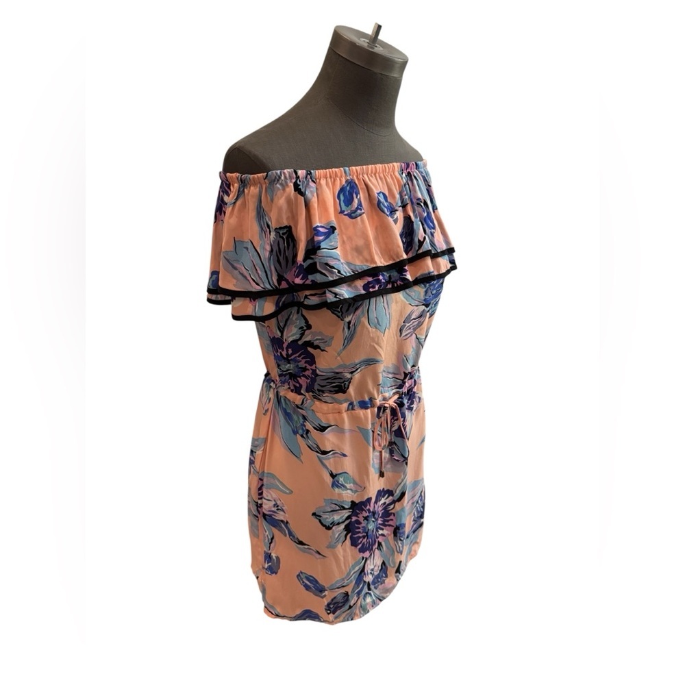 Yumi Kim 100% Silk Off-Shoulder Ruffle Floral Mini Dress XS Peach/Lavender